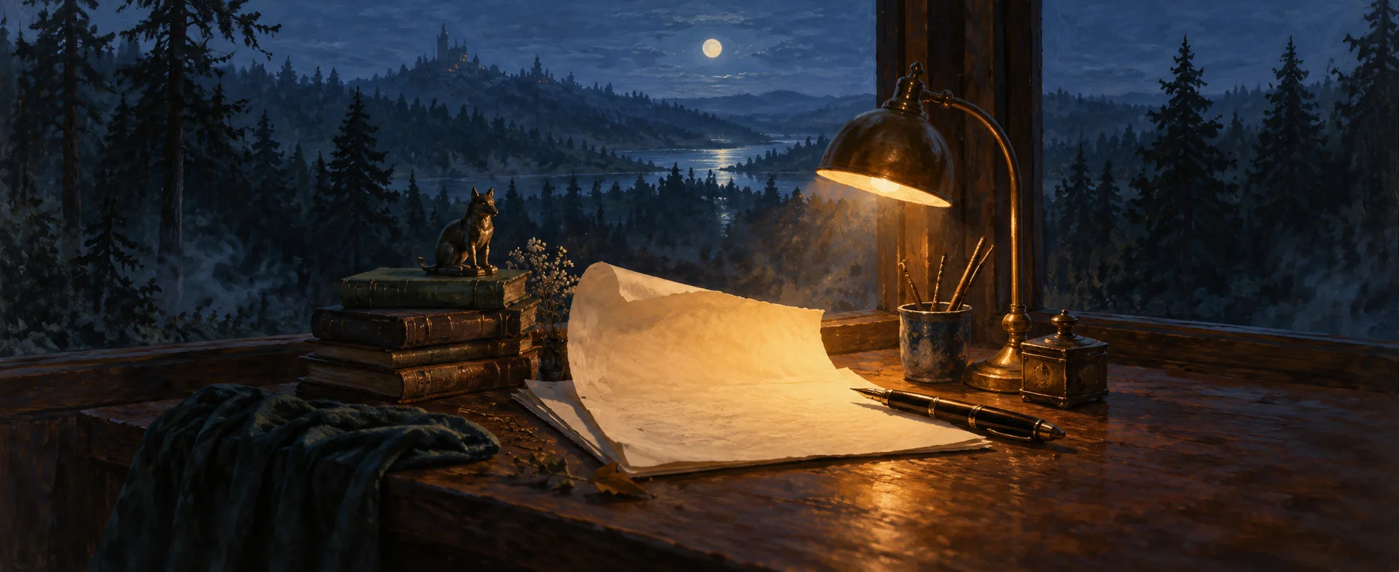 A blank manuscript page curls beside a fountain pen and a lit desk lamp overlooking a dark forest.