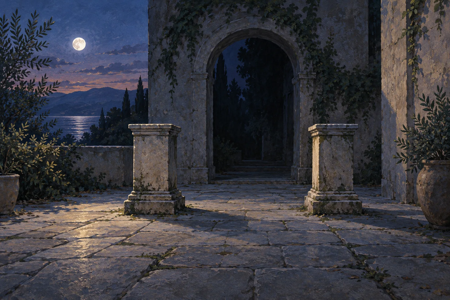 Two empty stone plinths stand before a shadowed arch in an ivy-covered courtyard lit by moonlight.