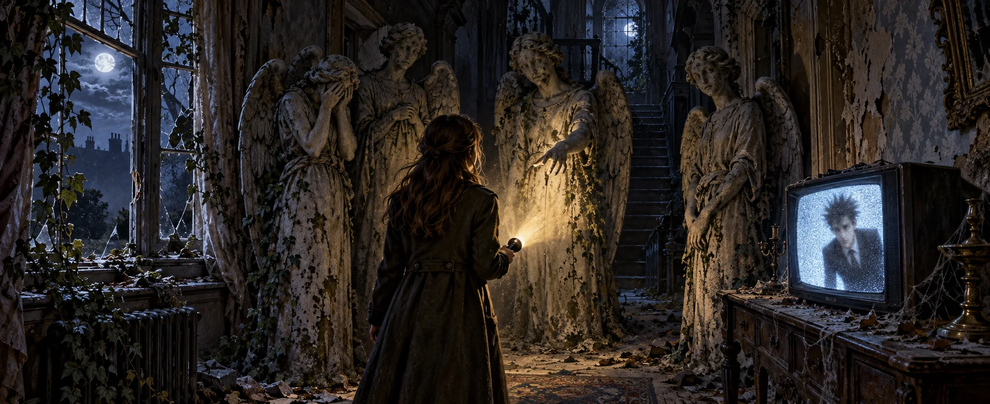 A young woman with a torch faces a group of weeping stone angel statues in a derelict hallway, an old television flickering with a blurred figure beside them.