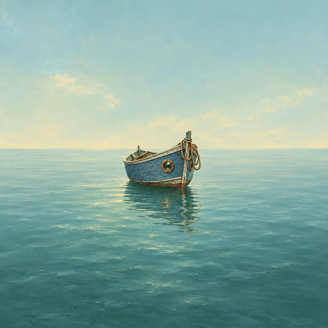 A small blue wooden boat with a round brass porthole and coiled rope floating on calm water.