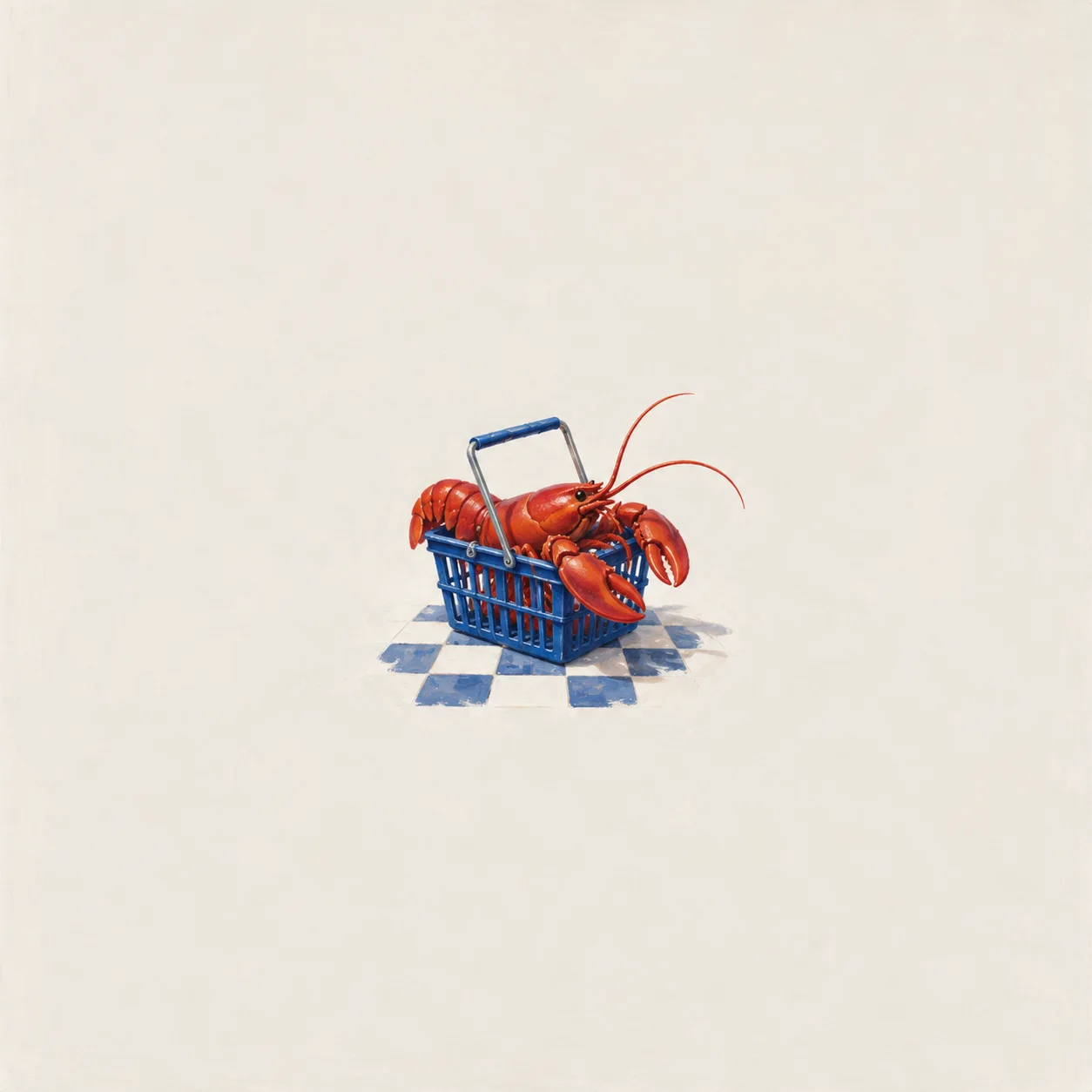 A red lobster in a small blue shopping basket on a blue-and-white checked surface.