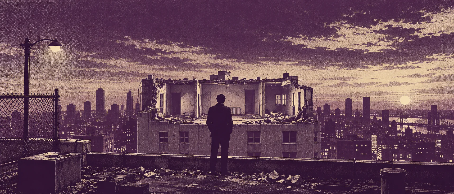 A man stands on a rooftop of a half-ruined building, looking out over a city at dusk.