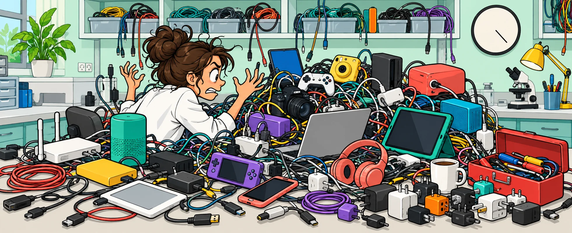 A frazzled engineer throws up her hands behind a workbench buried in a heap of mismatched chargers, cables, plugs and gadgets.