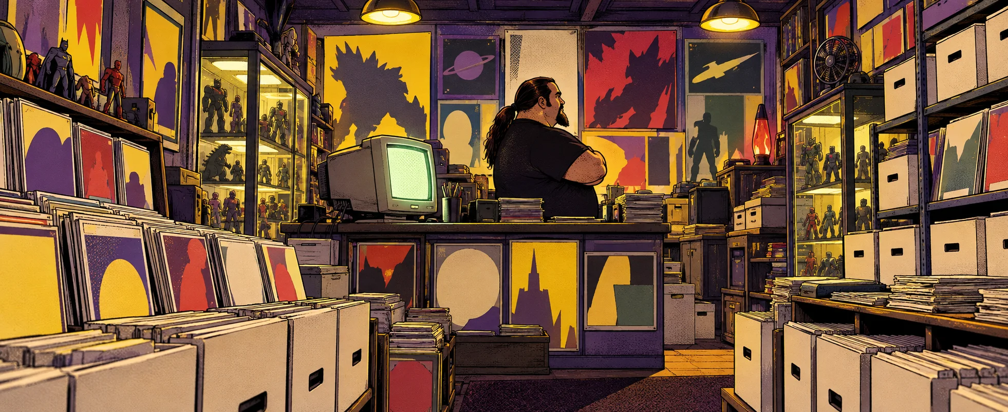 A heavy-set man with a ponytail stands behind the counter of a cluttered comic shop full of boxes, posters and figures.