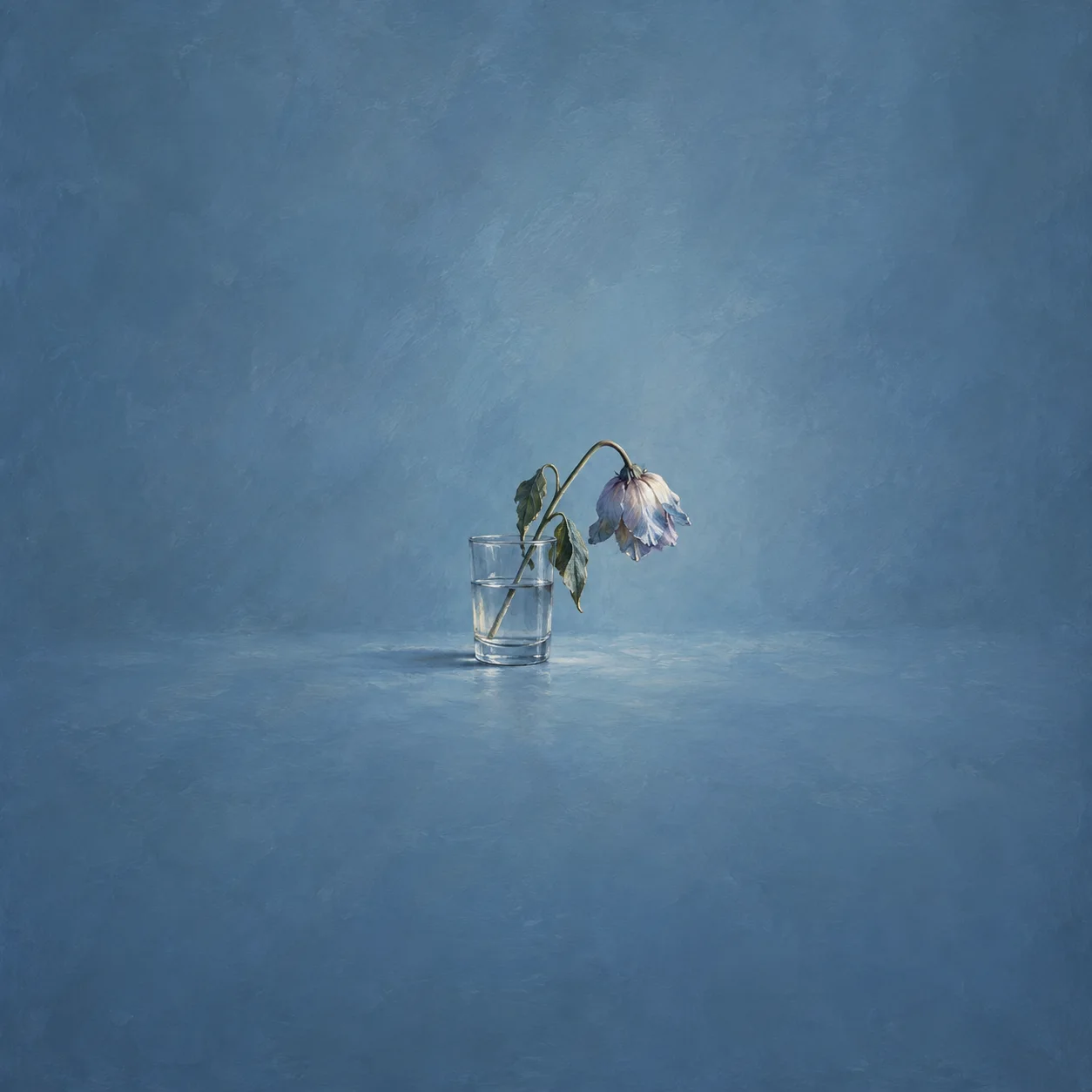 A drooping blue-purple flower stands in a small clear glass of water against a cool blue background.