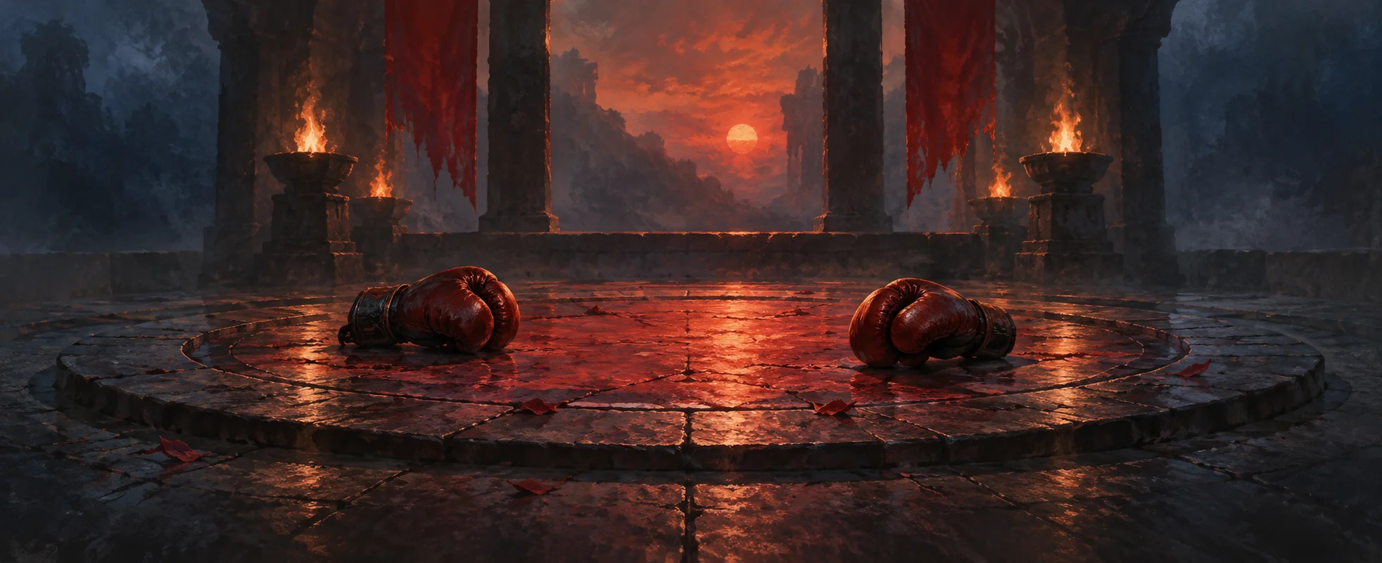 Two small unmarked fighting gloves rest on opposite sides of a crimson-lit stone ring.