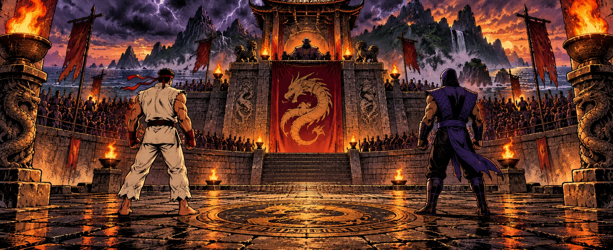 Two fighters face each other in a torchlit stone tournament courtyard under a dragon banner, a crowd watching beneath a stormy sky.
