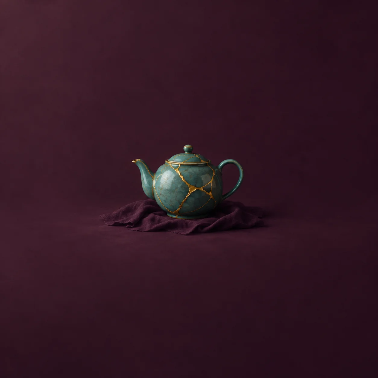 A teal teapot repaired with gold seams resting on plum-colored cloth.