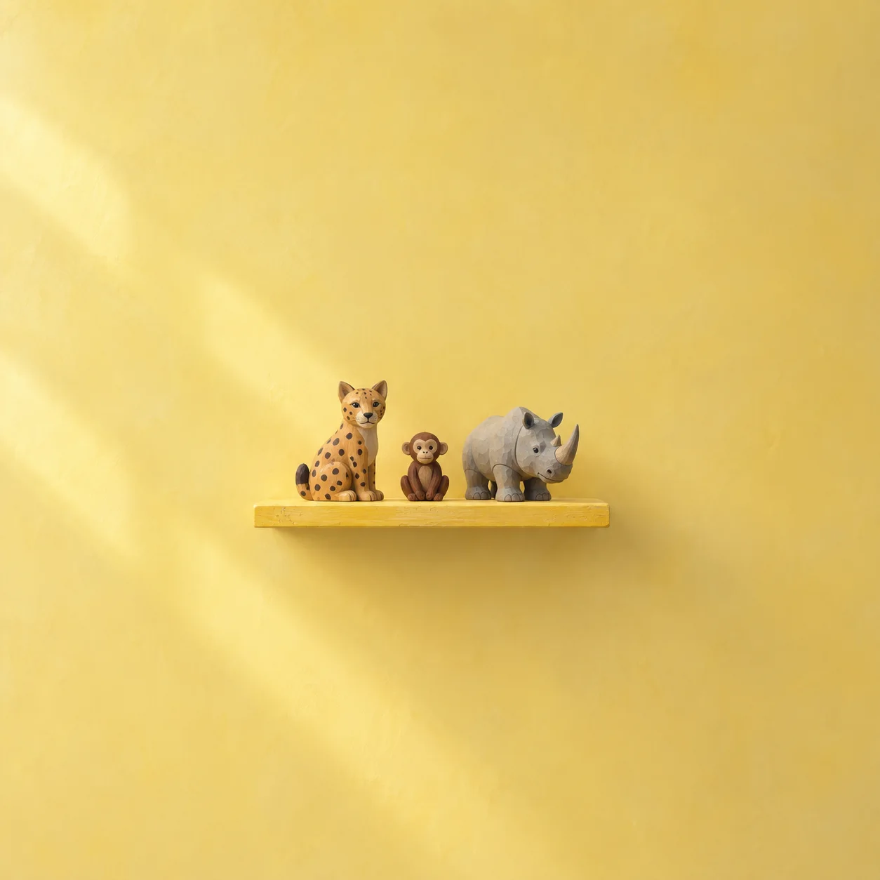 Small figures of a spotted cat, a monkey and a rhinoceros arranged from left to right on a yellow shelf.