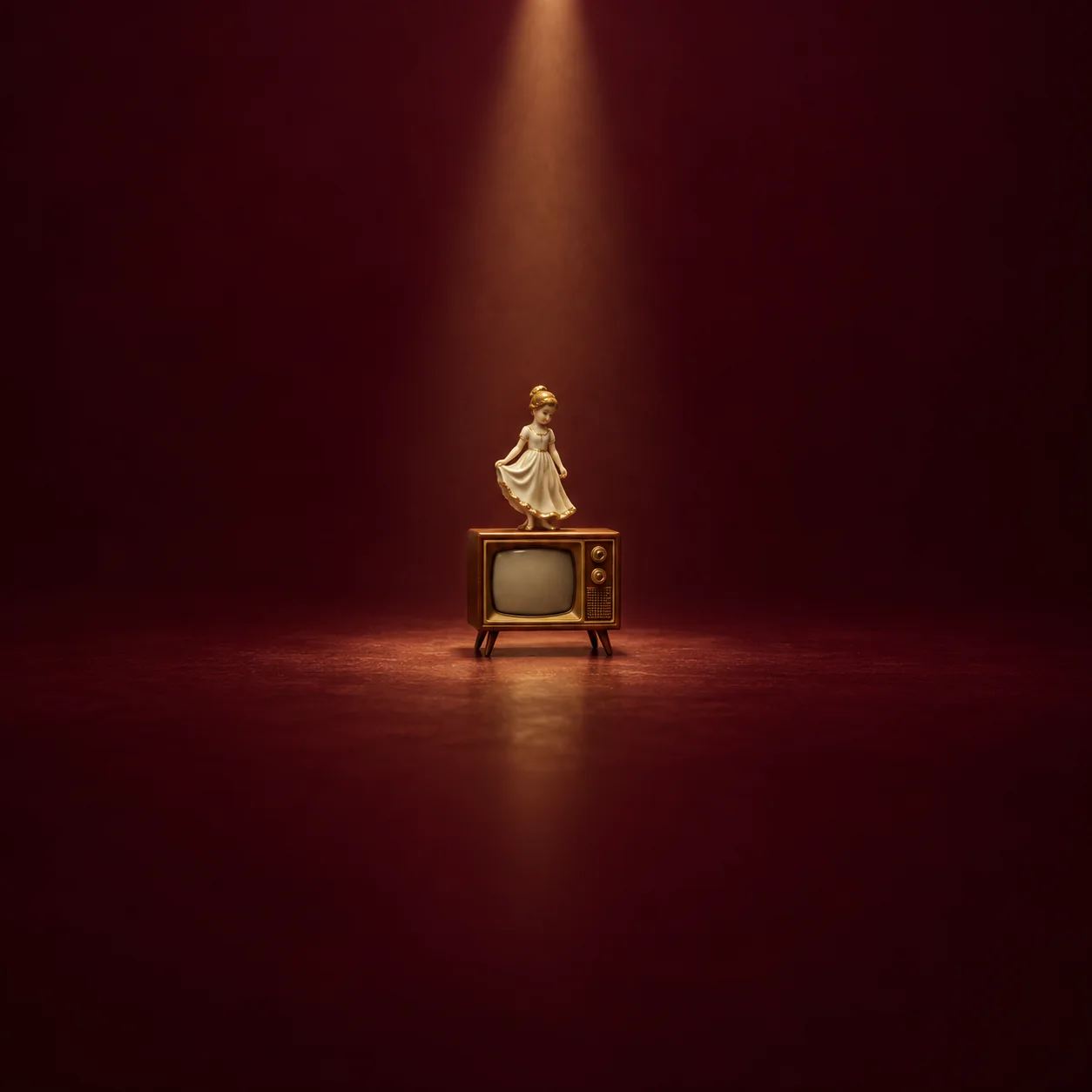 A pale figurine standing on a small vintage television beneath a spotlight against a burgundy background.