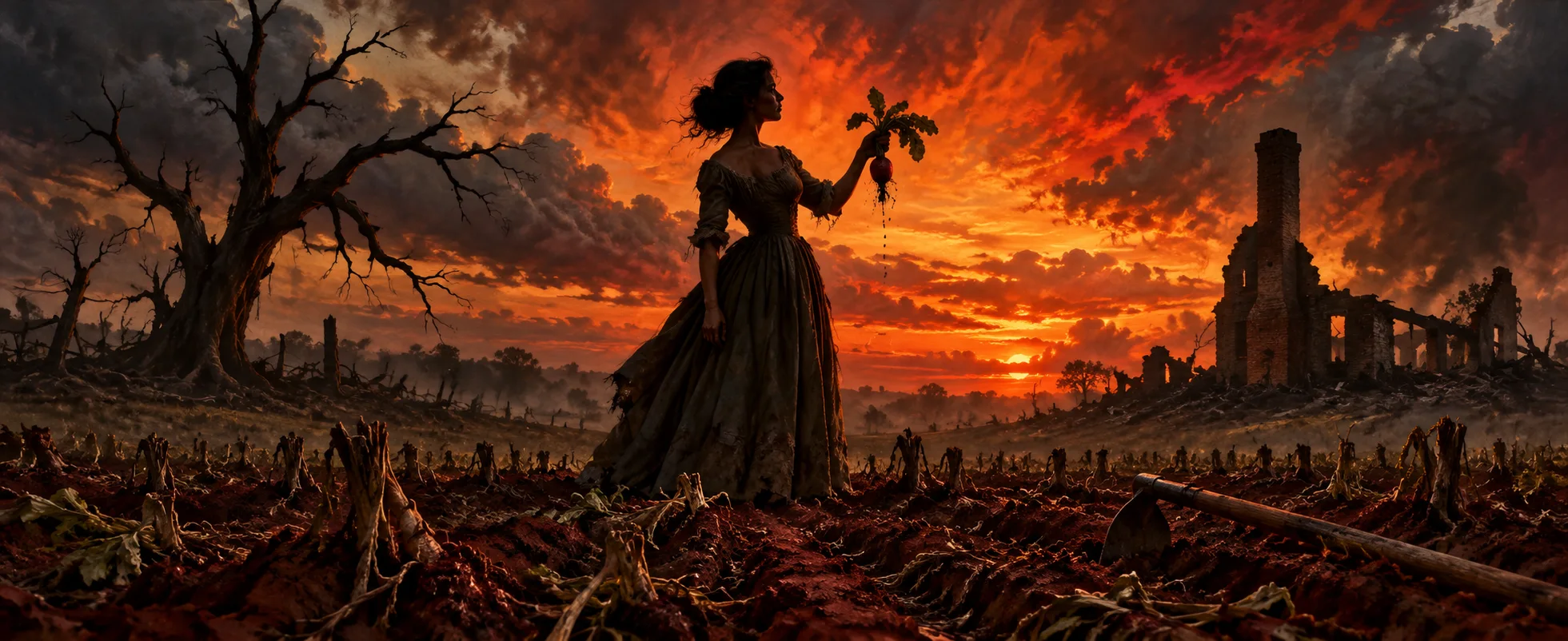 A woman stands in silhouette against a blazing sunset in a ruined field, one fist raised clutching a dug-up radish.