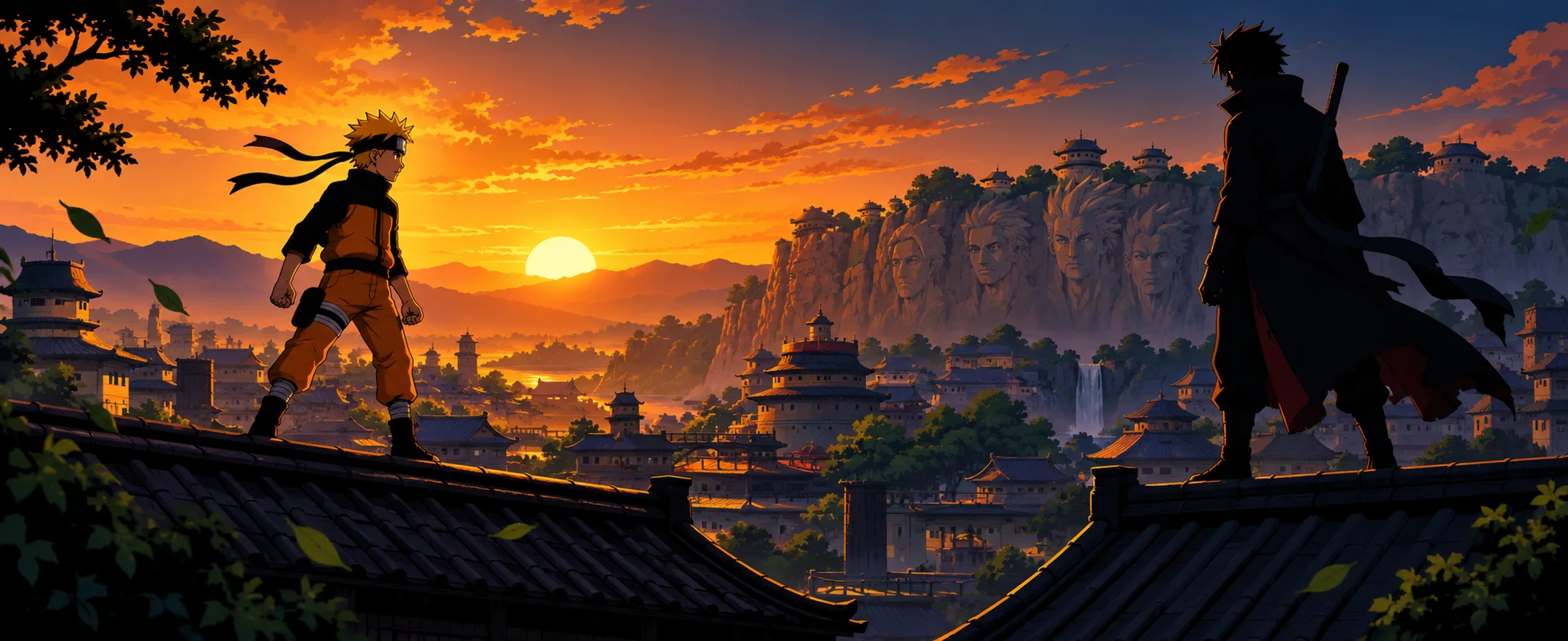 A ninja in orange stands on a village rooftop at sunset, facing a cloaked figure on the rooftop opposite.