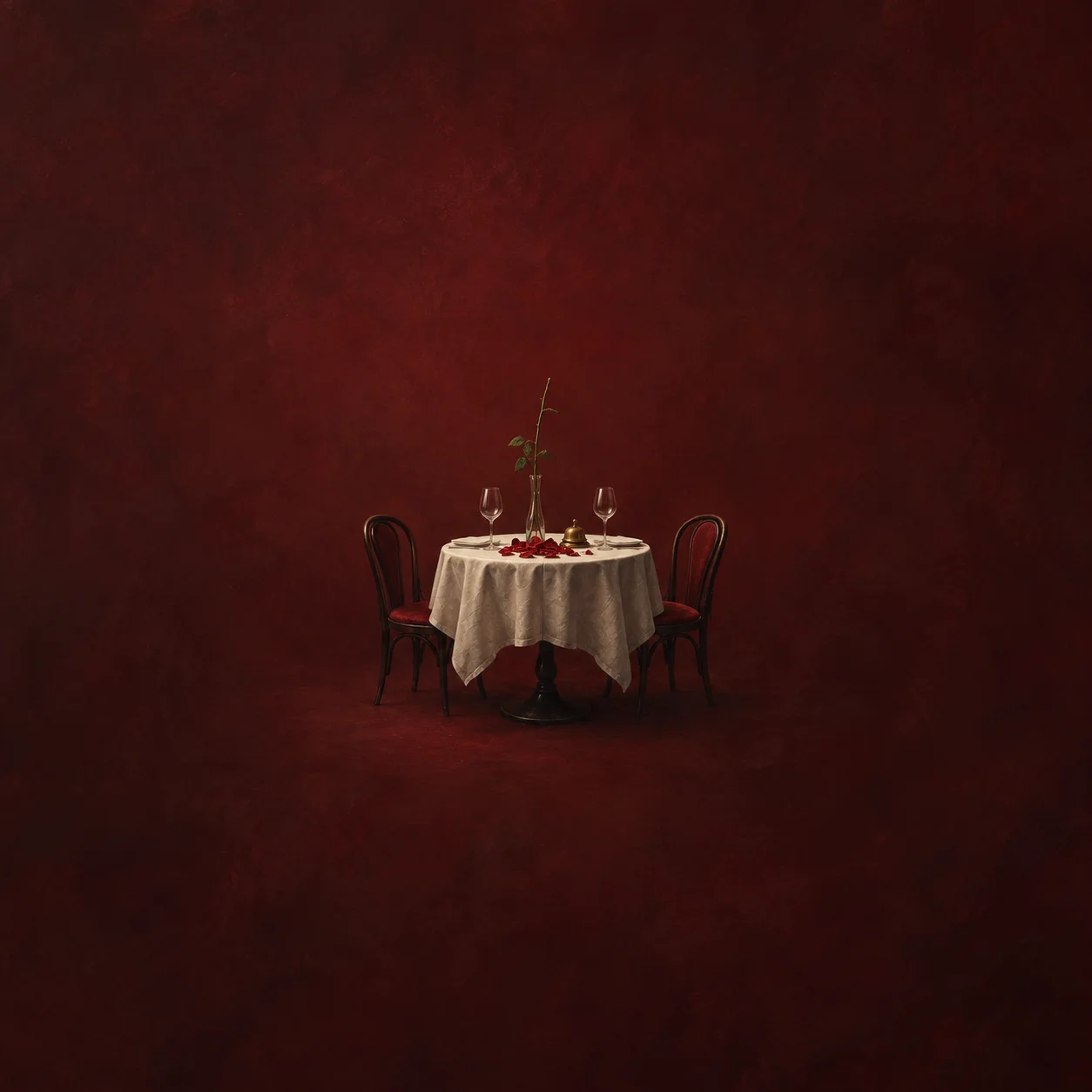 A dining table set for two holds a bare rose stem, fallen red petals, glasses and a tiny bell.