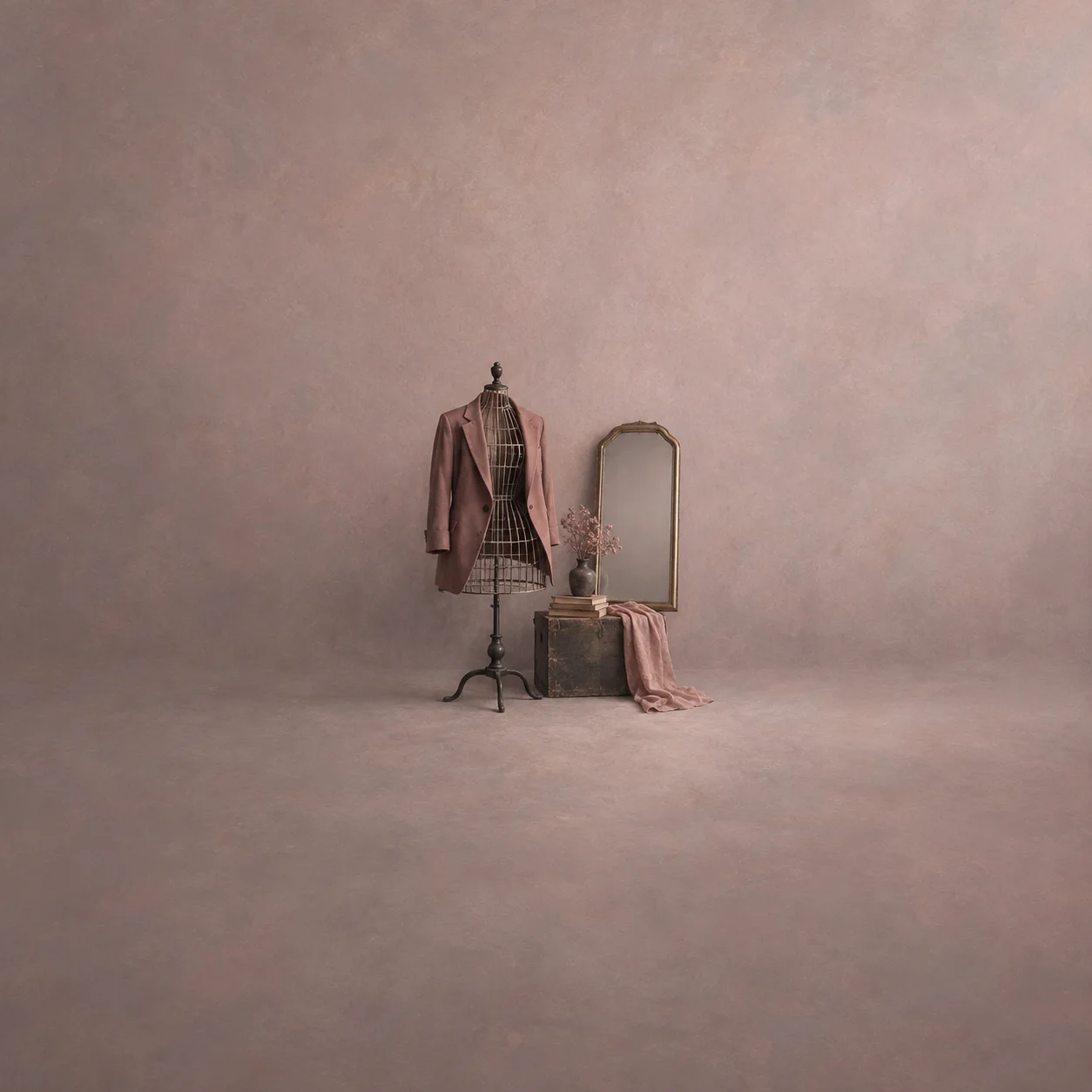Painterly blazer on a wire dress form beside an empty mirror and draped fabric.