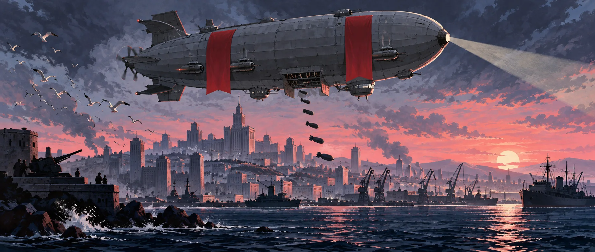 A huge grey airship flies over a harbour city at dusk, dropping bombs.