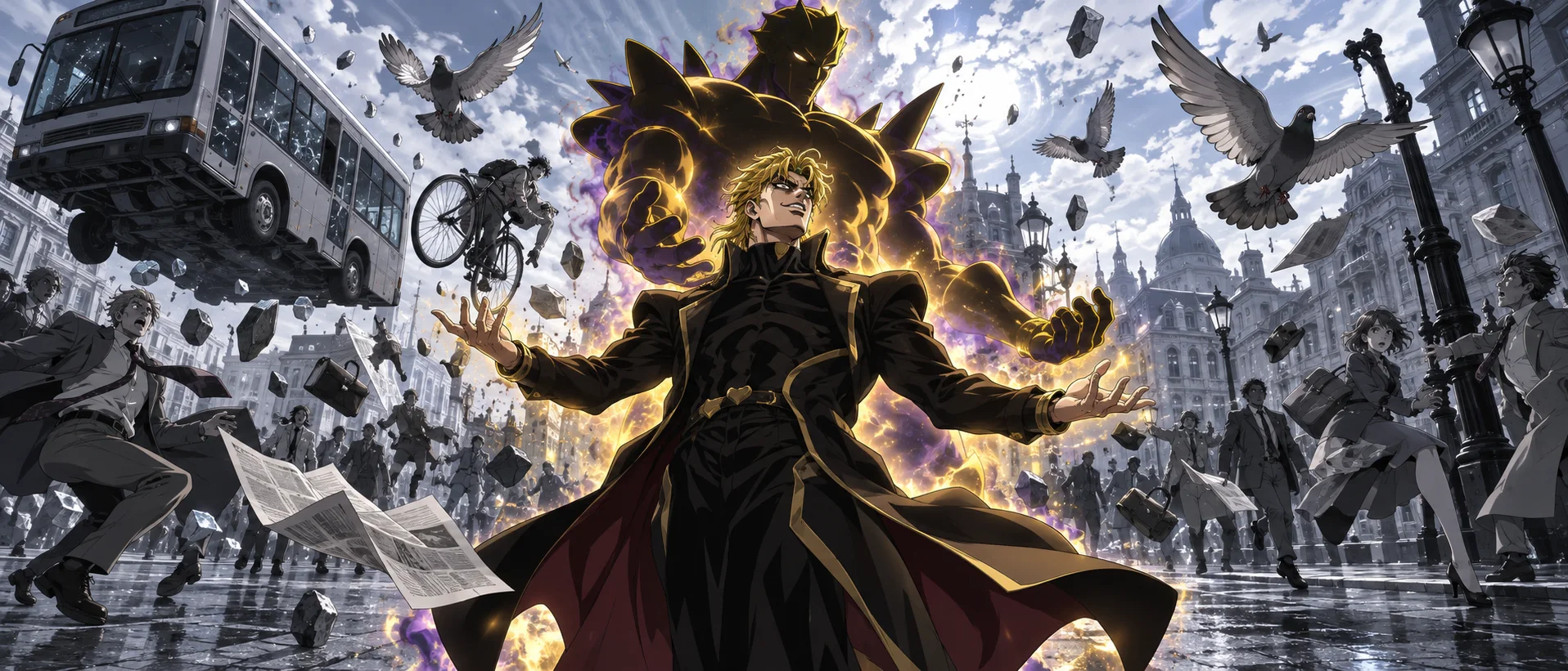 Anime illustration: a blond man in a gold-trimmed black coat grins with arms spread in a busy city square as a huge golden-outlined, spiked figure looms behind him, hurling a bus, a cyclist, pigeons, rubble and newspapers as panicked commuters flee.
