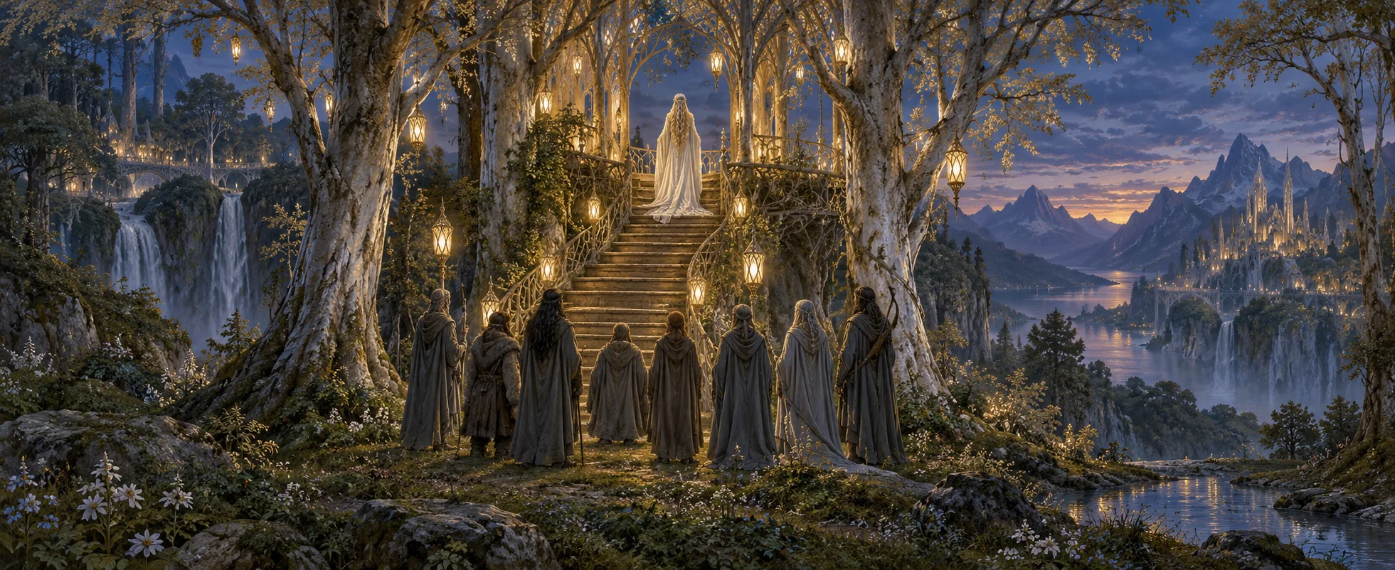 At dusk in an elven forest of silver-barked trees, a figure in white stands at the top of a lantern-lit stair while eight cloaked travellers wait below, seen from behind, waterfalls and mountains beyond.