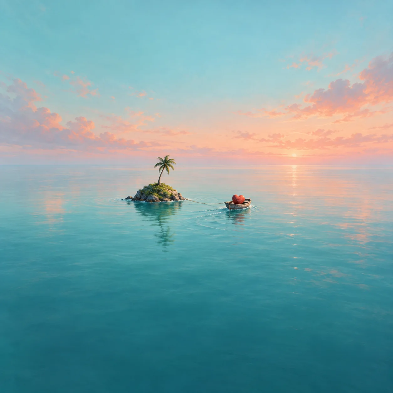 A small boat carrying a red heart floats beside a tiny palm-covered island on calm turquoise water at sunset.