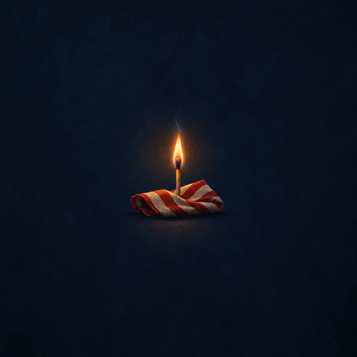 A lit wooden match stands on folded red-and-white striped cloth against a dark navy background.