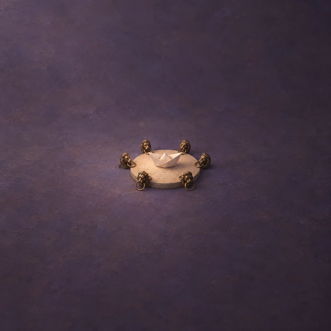 A small paper boat rests on a circular sand disc surrounded by tiny bronze lion heads.