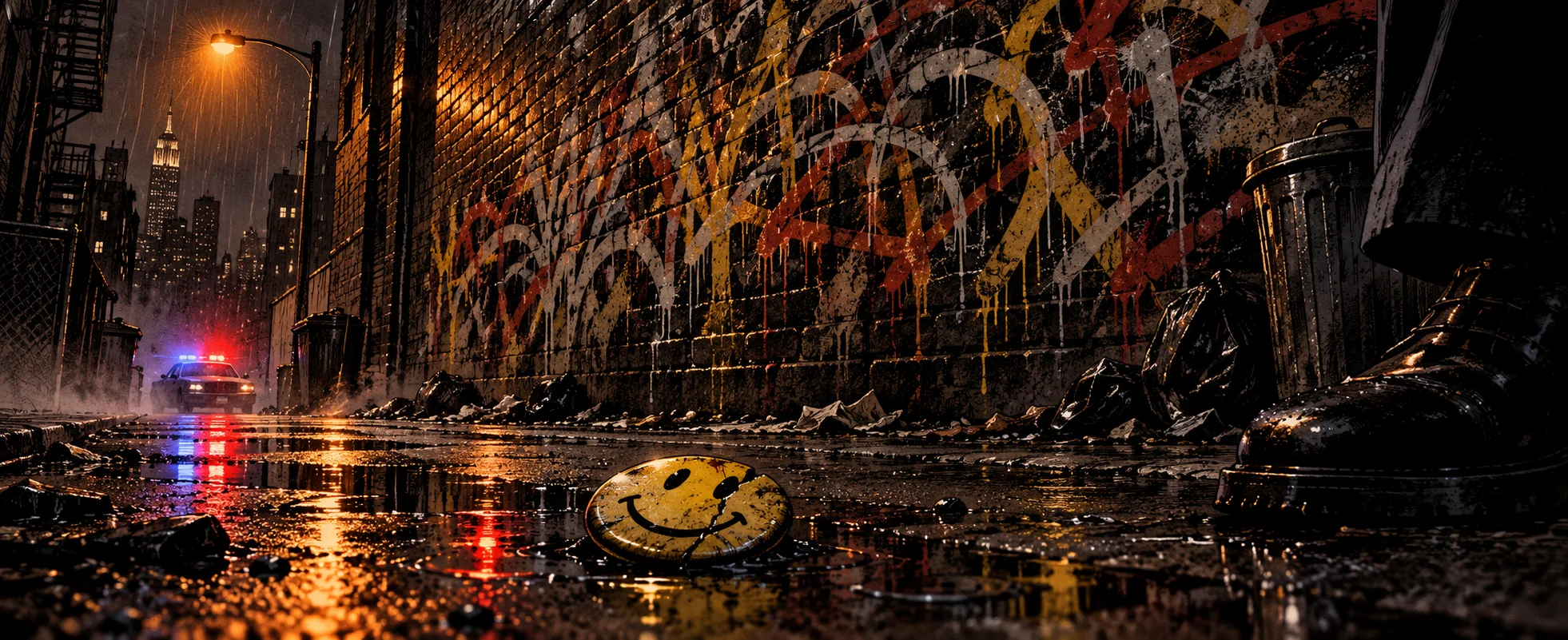 Comic illustration: a cracked yellow smiley-face badge lies in a rain-soaked puddle in a graffiti-covered brick alley at night, with a polished boot at the edge of frame and a police car's flashing lights glowing in the distance.