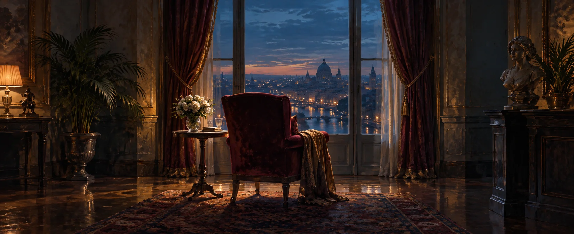 An empty burgundy velvet chair faces a tall window overlooking a quiet blue evening city.