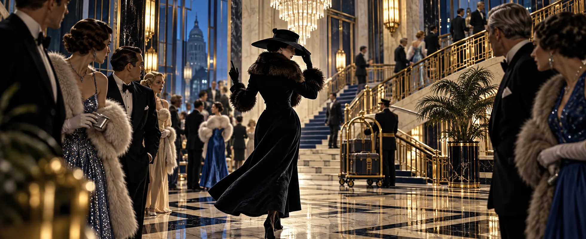 A woman in a dark coat and wide hat walks away from a crowd of guests in evening dress across the marble lobby of a grand hotel.