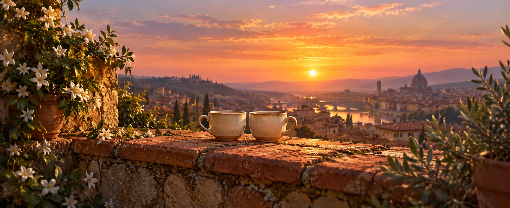 Two small cream cups stand together on a terracotta roof ledge above a warm distant skyline.