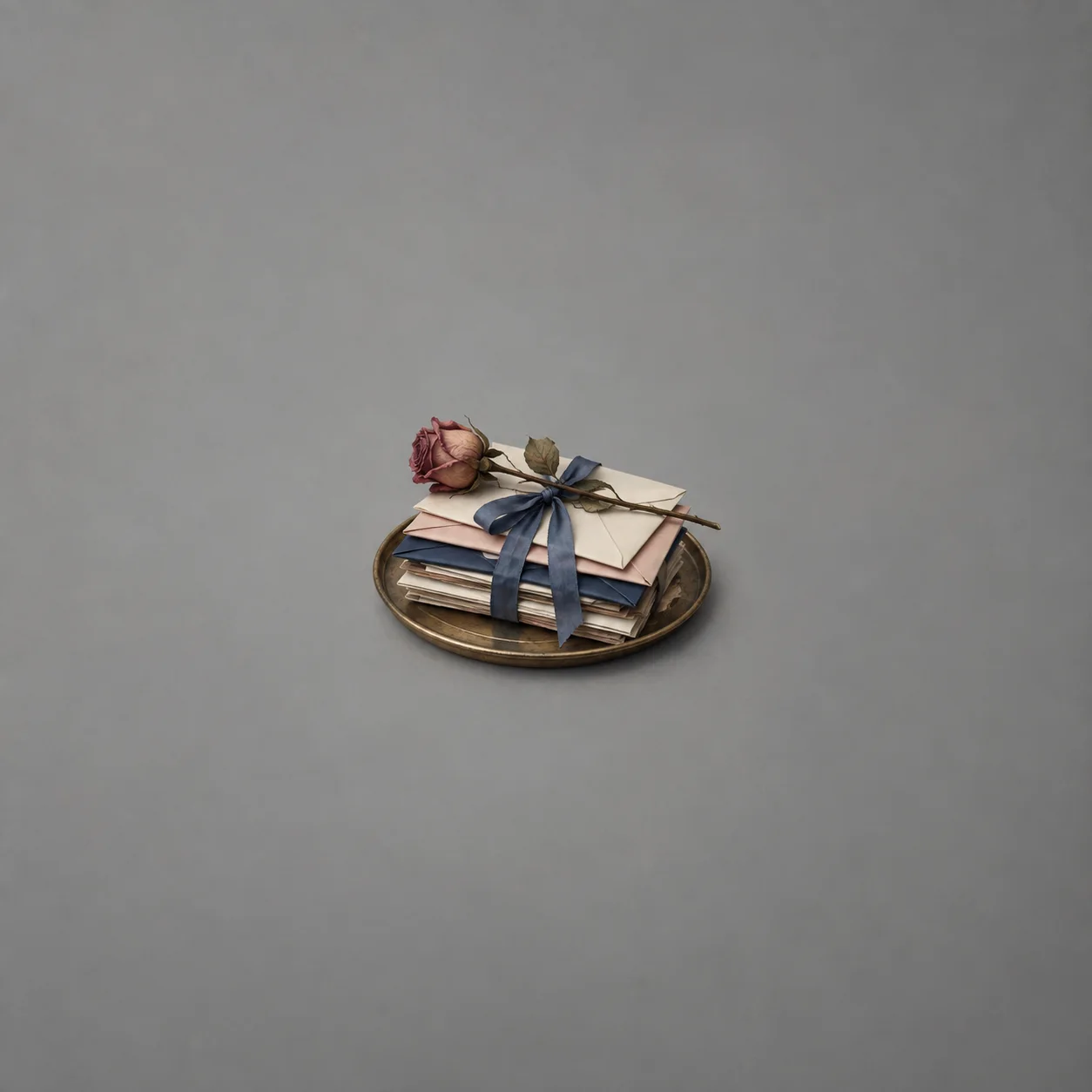 A bundle of old letters tied with a blue ribbon lies on a round tray beneath a dried rose.