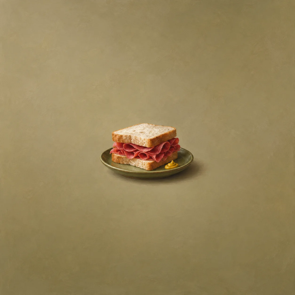 Folded red ribbon fills a white-bread sandwich on an olive-green plate.