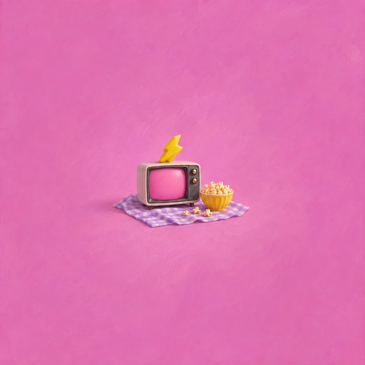 A small retro television with a pink screen, a toy lightning bolt on top, and a bowl of popcorn beside it.