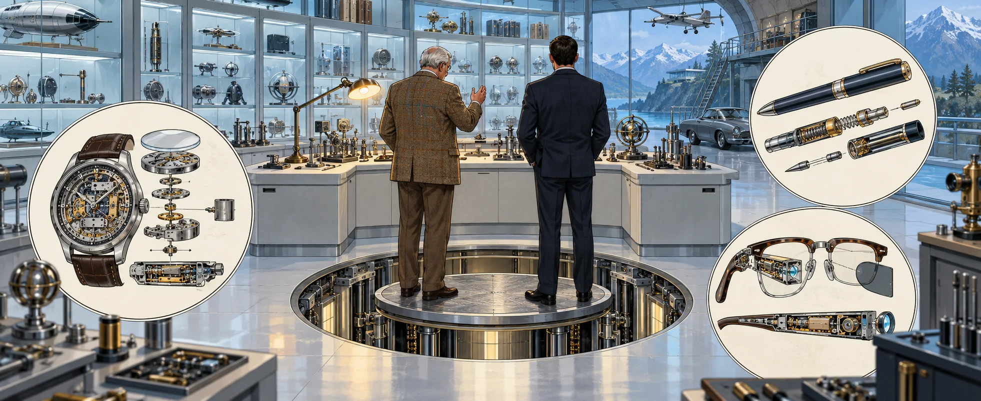 In Q's bright workshop of gadget cabinets, the elderly Q and Bond stand on a round lift platform sinking into the floor, surrounded by cutaway drawings of a watch, a pen and spectacles.