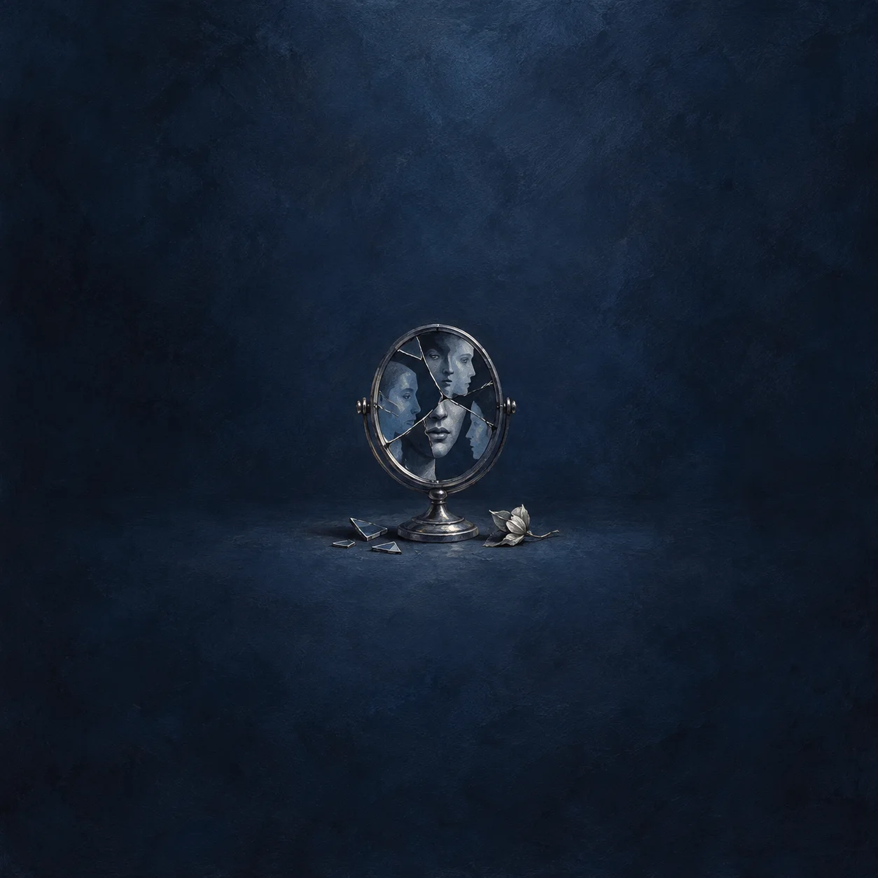 Fractured indigo tabletop mirror showing several stylized anonymous faces with broken glass at its base