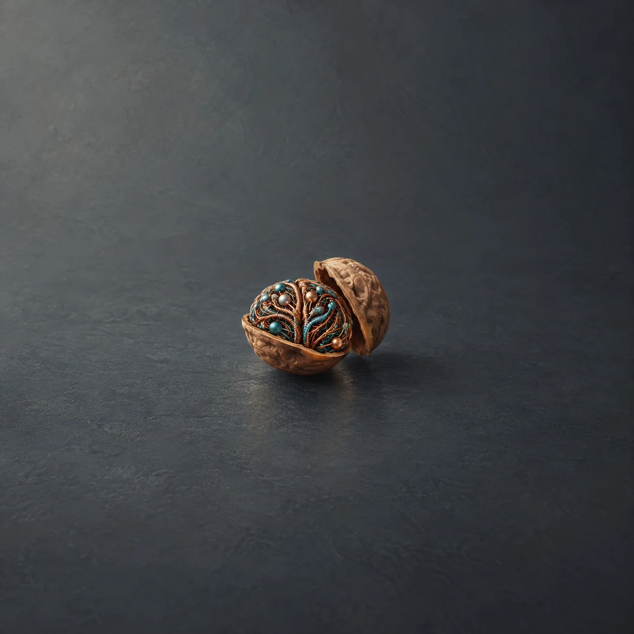 An open walnut shell filled with coils of copper wire and blue beads on a slate-grey surface.