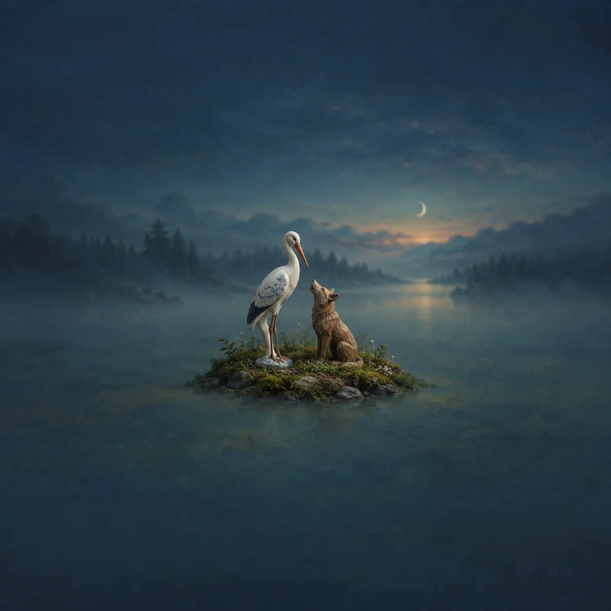 A stork and a small wolf-like figure stand together on a mossy island in a misty blue lake beneath a crescent moon.