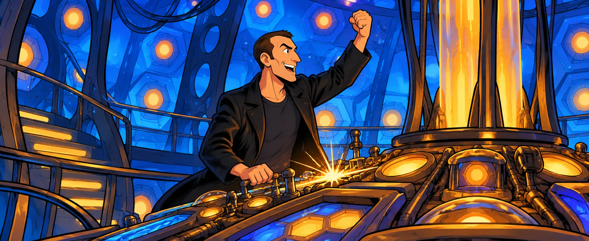 A grinning man in a black leather jacket punches the air beside a glowing amber time machine console in a blue roundelled chamber.