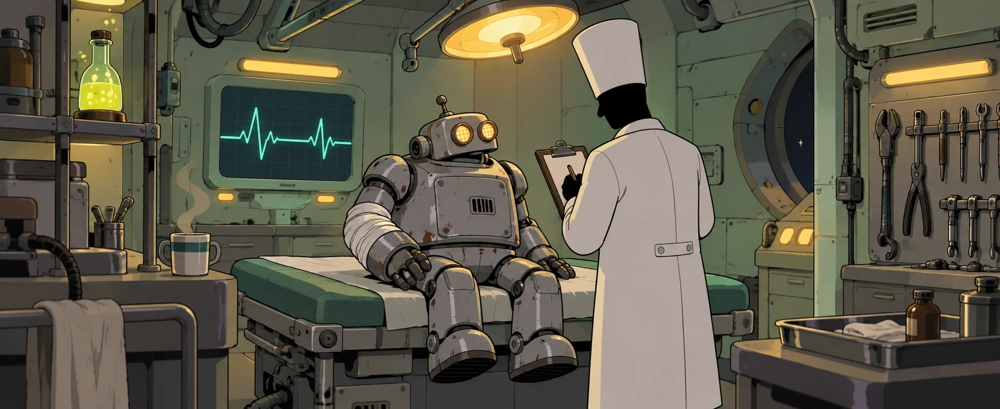A dented robot sits on an examining table as a doctor in a white coat makes notes in a ship's sickbay.