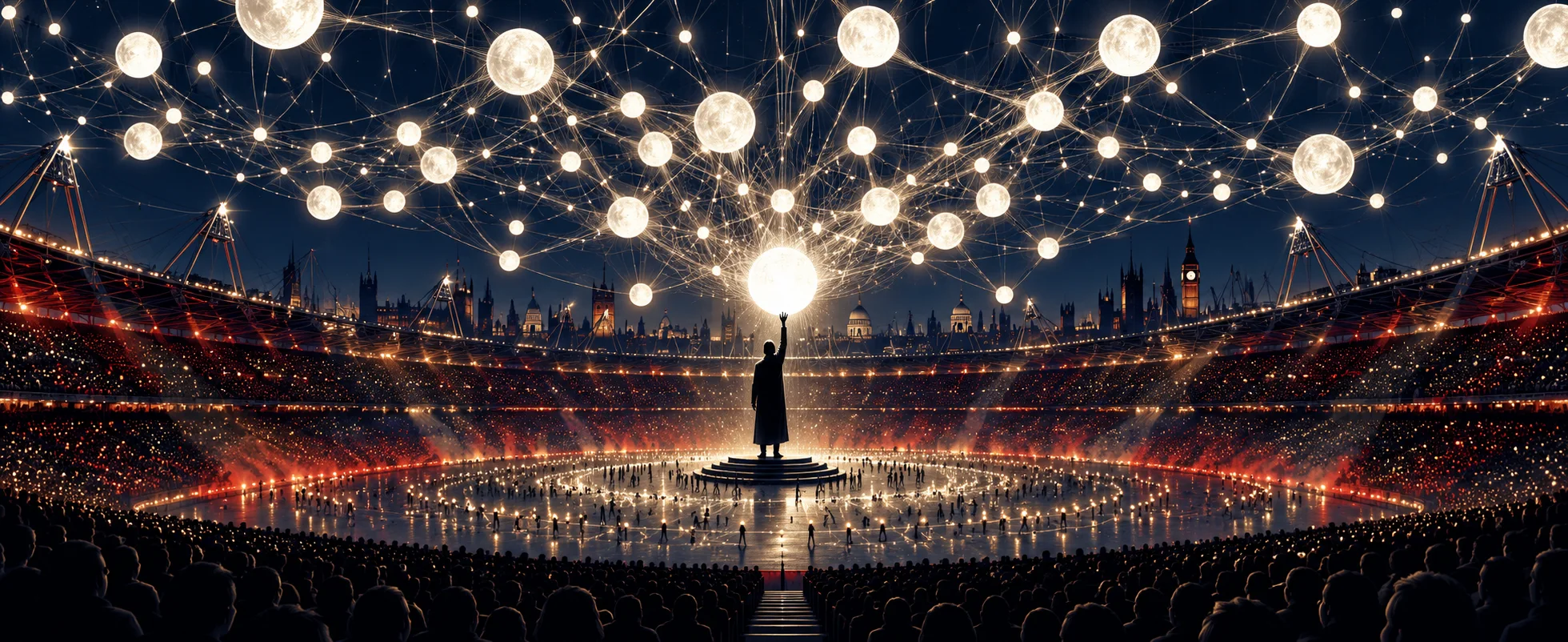 A lone figure stands at the centre of a night-time stadium beneath a glowing web of light strands joining hundreds of shining points.