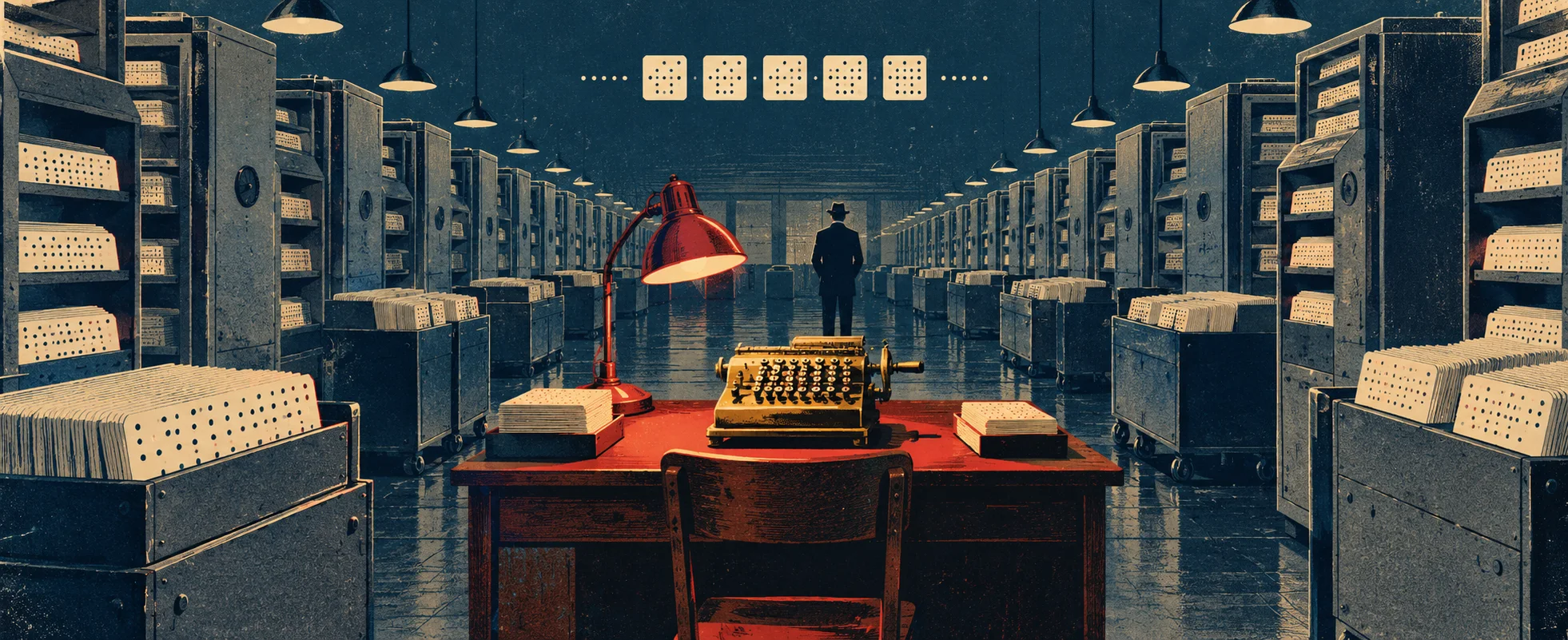A small brass calculating machine sits on a lamplit desk in a vast, dim hall of punched-card machines.