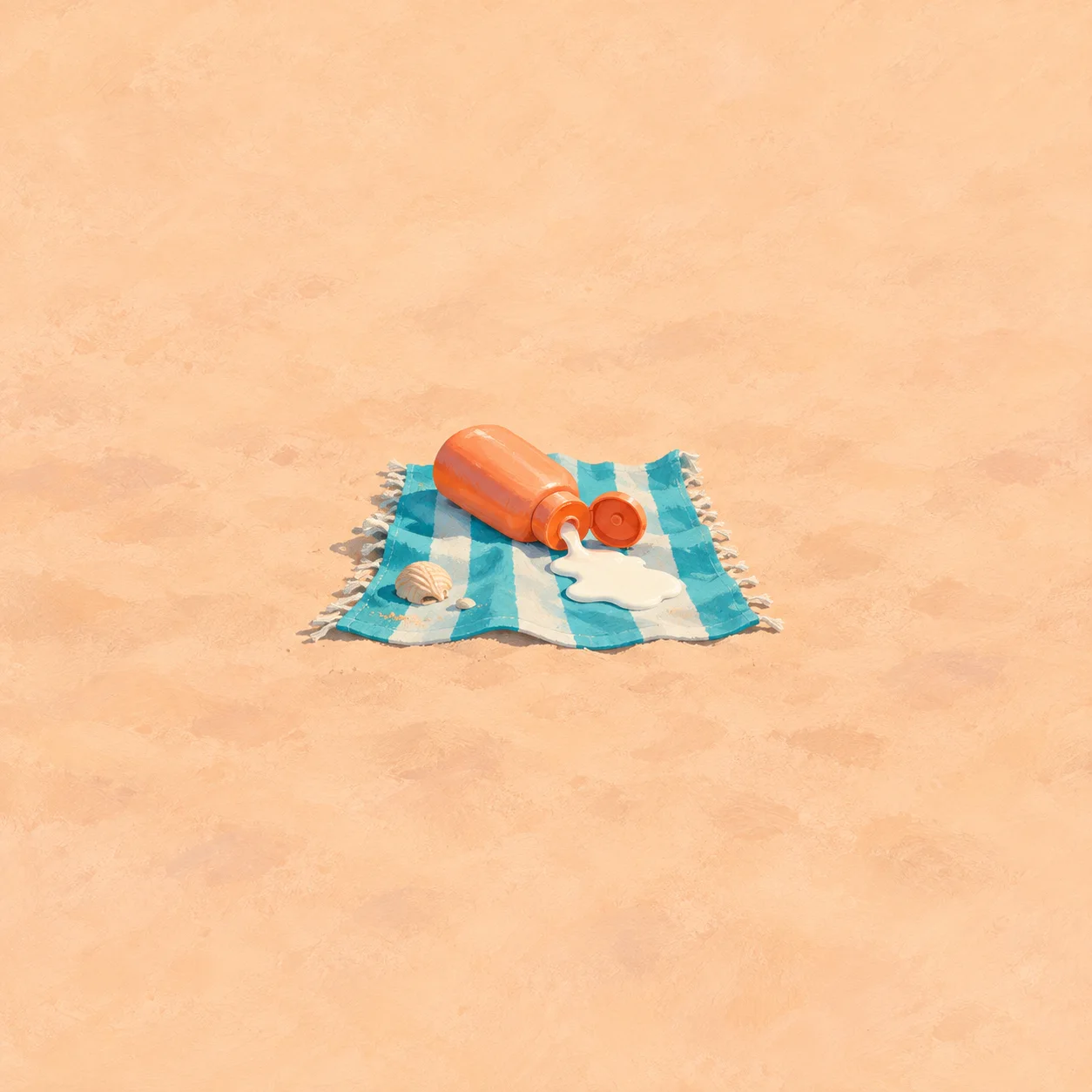 Painterly overturned orange lotion bottle spilling white cream on a turquoise-striped towel.