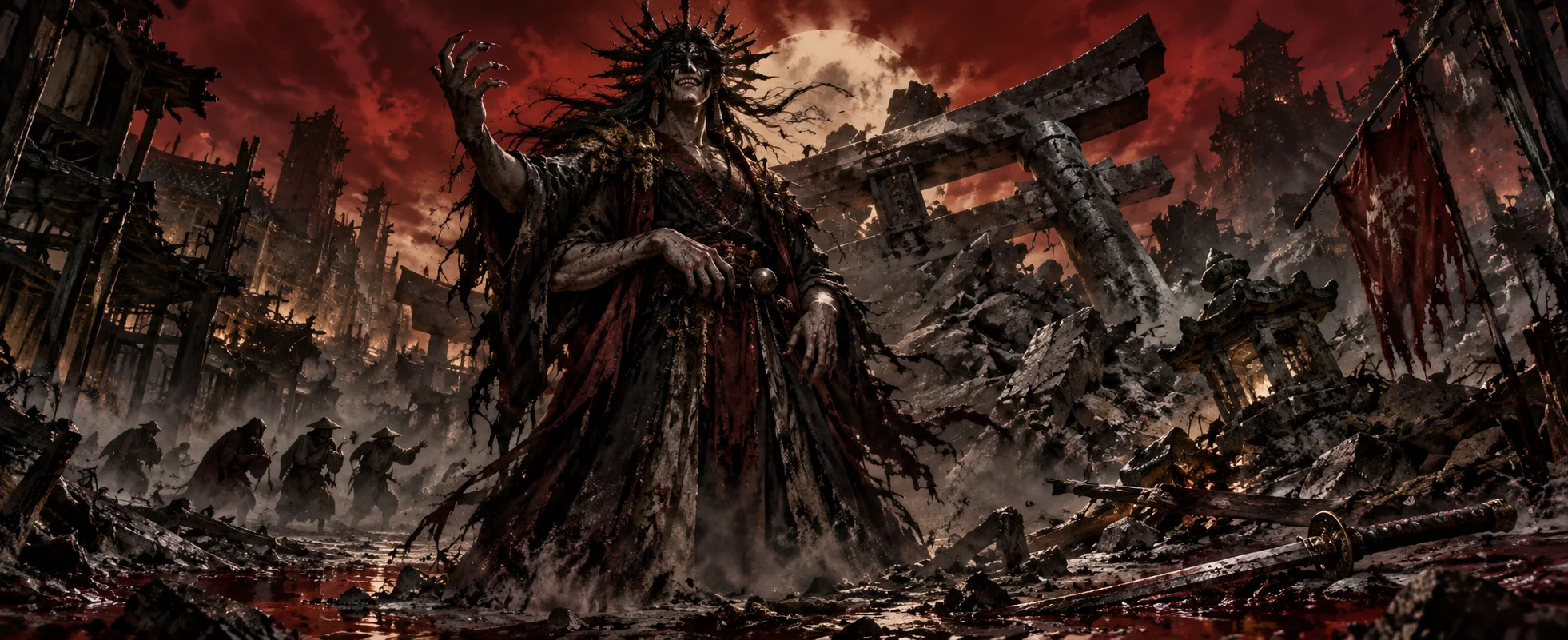 A many-armed demon in ragged robes stands amid a ruined shrine under a blood-red sky.