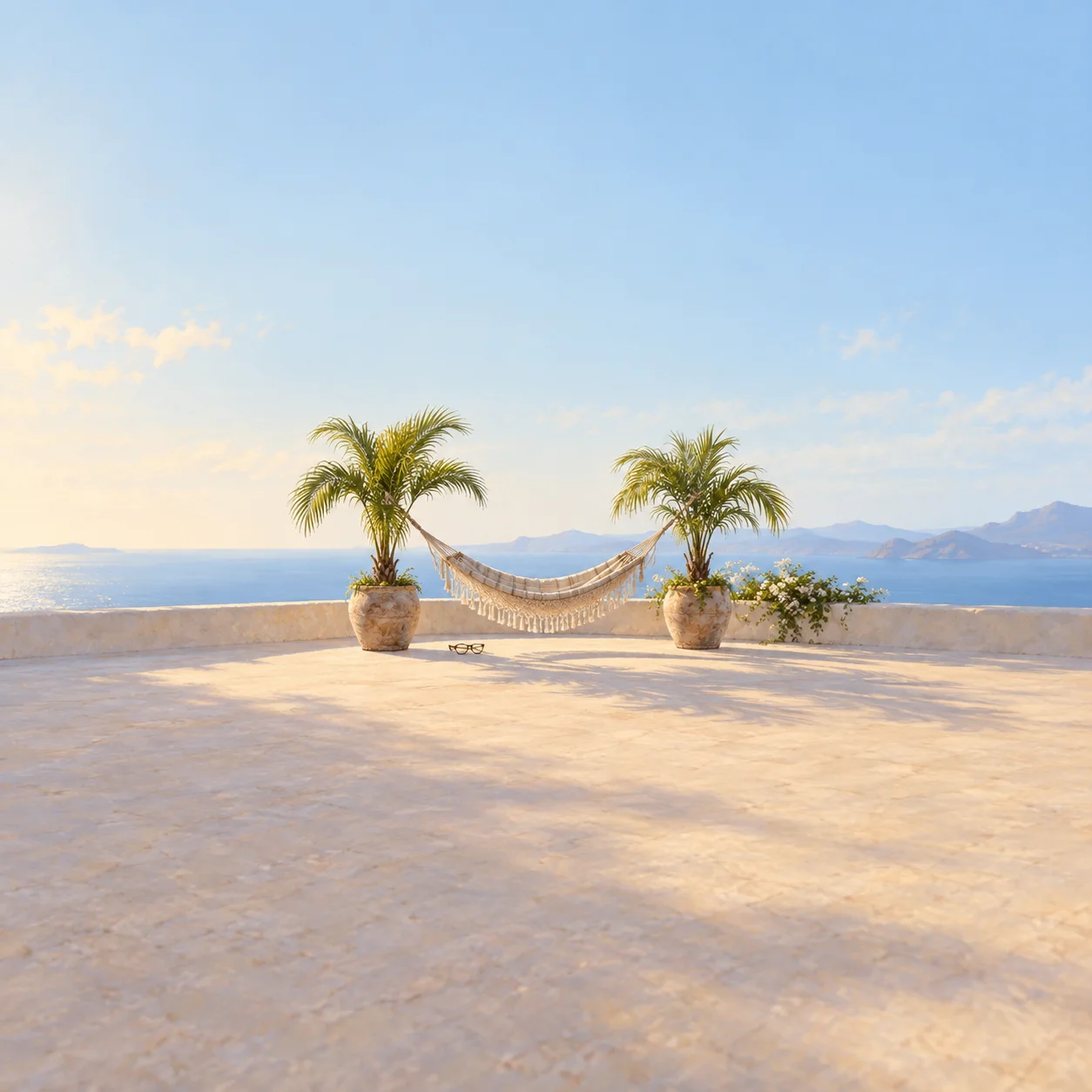 Painterly empty hammock between two potted palms on a sunlit terrace overlooking blue water.