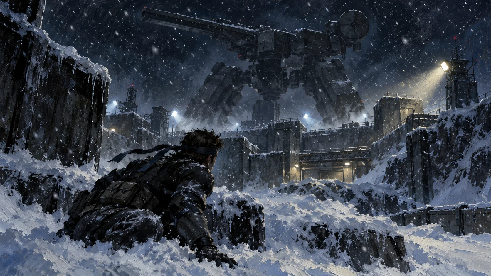 Solid Snake lies low in snow outside a floodlit Arctic base at night as a giant walking tank looms over the compound walls through the falling snow.