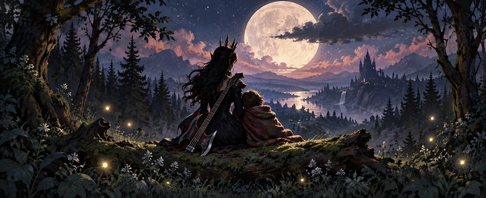 Storybook gouache of a moonlit forest clearing where a long-haired figure with an axe-shaped bass guitar sits on a mossy log beside a small blanketed figure, fireflies around them.