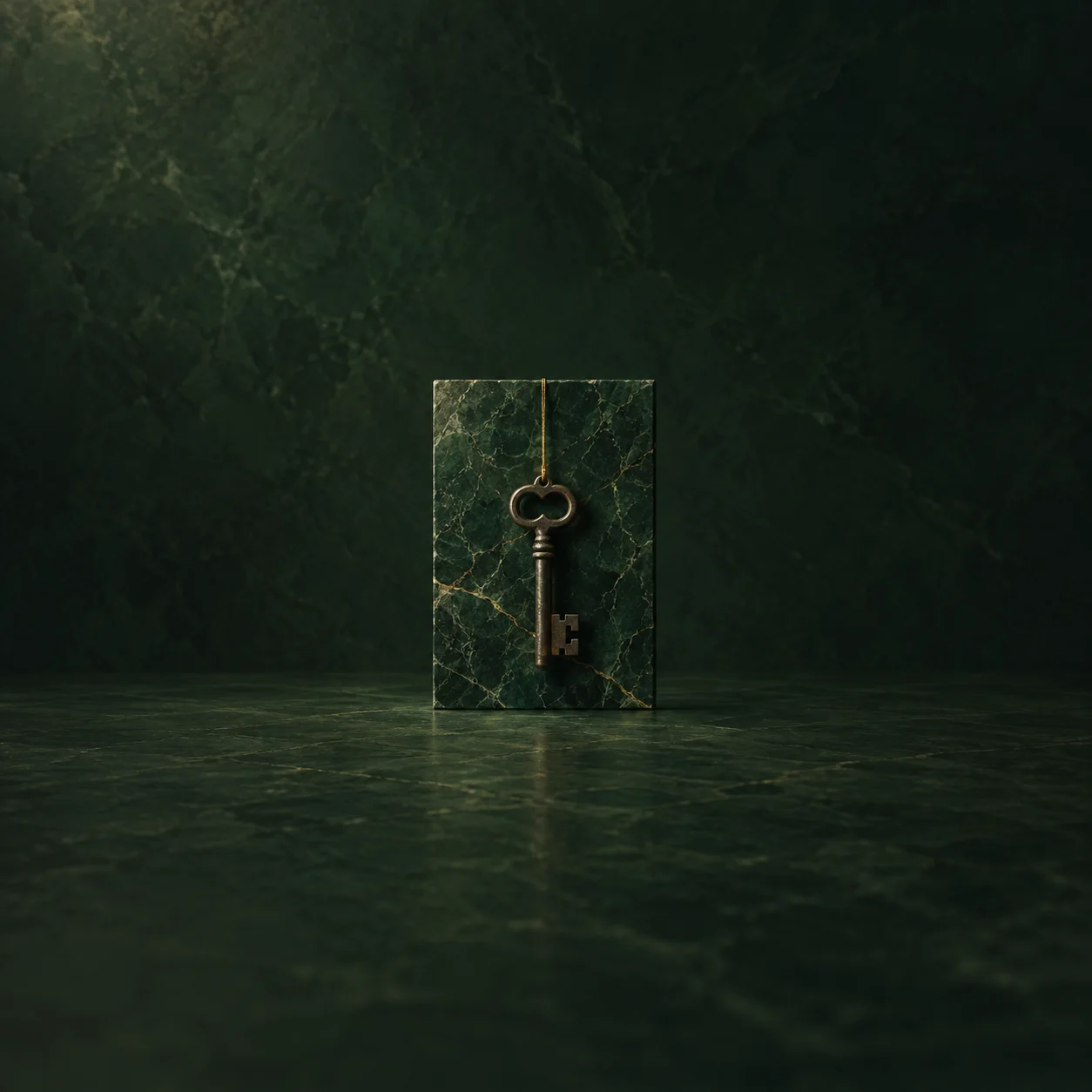 An old metal key hanging from a golden thread in front of a dark green marble slab.