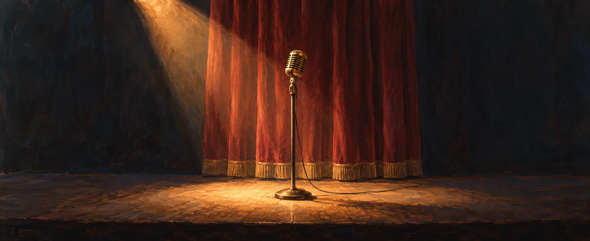 A brass microphone stands beside a closed curtain and a warm pool of stage light.