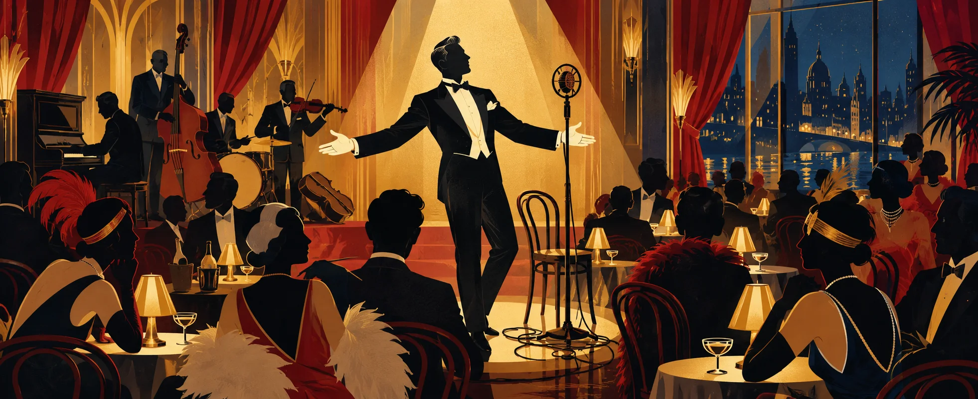 In an art-deco cabaret, a singer in white tie spreads his arms before a microphone as the band plays and diners at little tables look on.