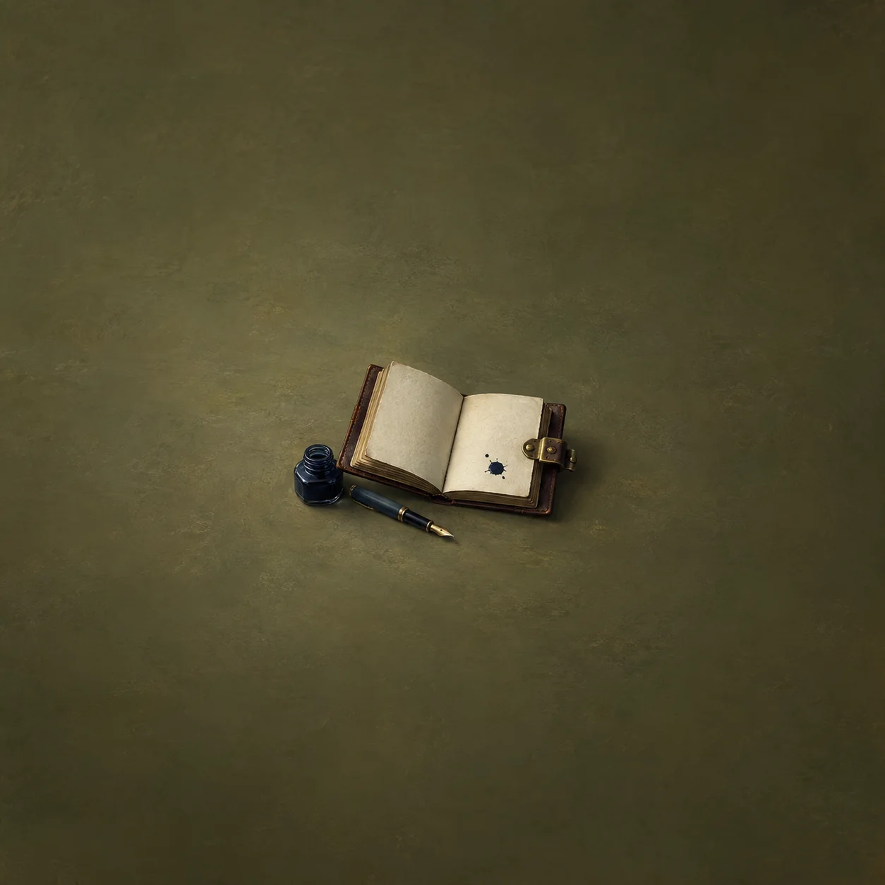 An open leather-bound notebook with an ink blot lies beside a pen and an ink bottle.