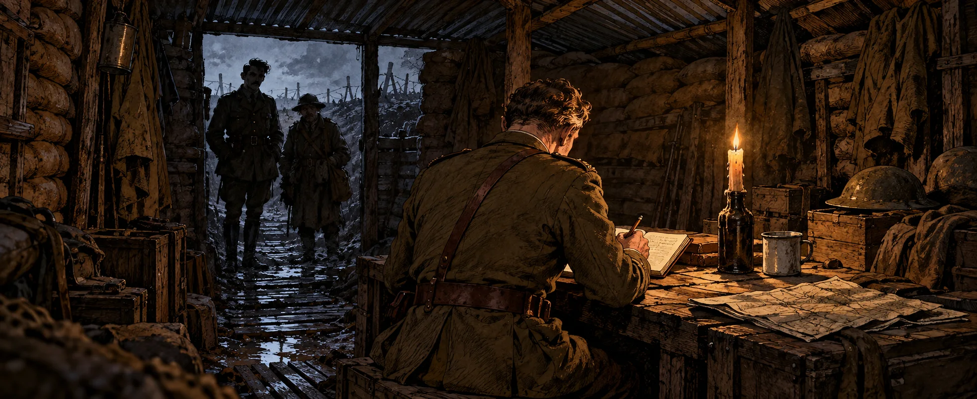 An officer writes in a diary by candlelight in a muddy Western Front dugout as soldiers pass the doorway.