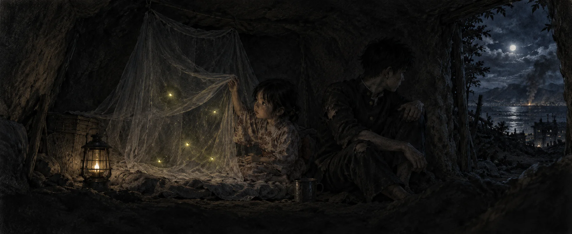 A small girl and her older brother shelter in a dark cave hung with netting, fireflies glowing around them.